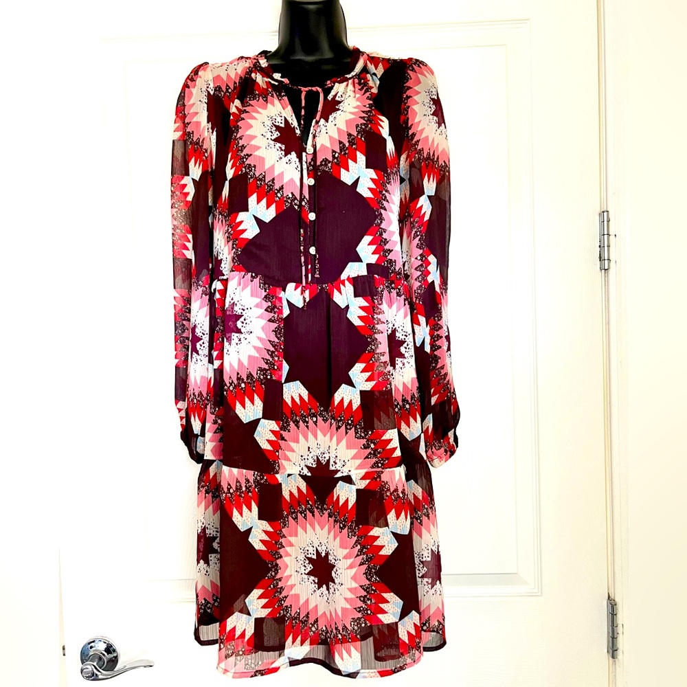 ANN TAYLOR LOFT size M Babydoll Dress Geometric Quilt-Pattern Long Sleeve Boho